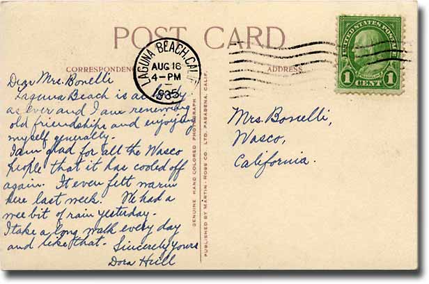 Three Arch Bay postcard - 1908 - the back.