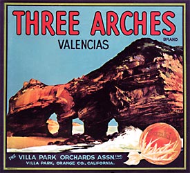 Valencia Oranges - crate label - of Three Arch Bay